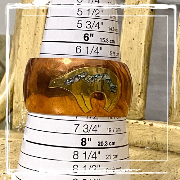 Vintage Copper & Brass Abalone Shell Inlay Native Bear Cuff Bracelet - Picture 13 of 13